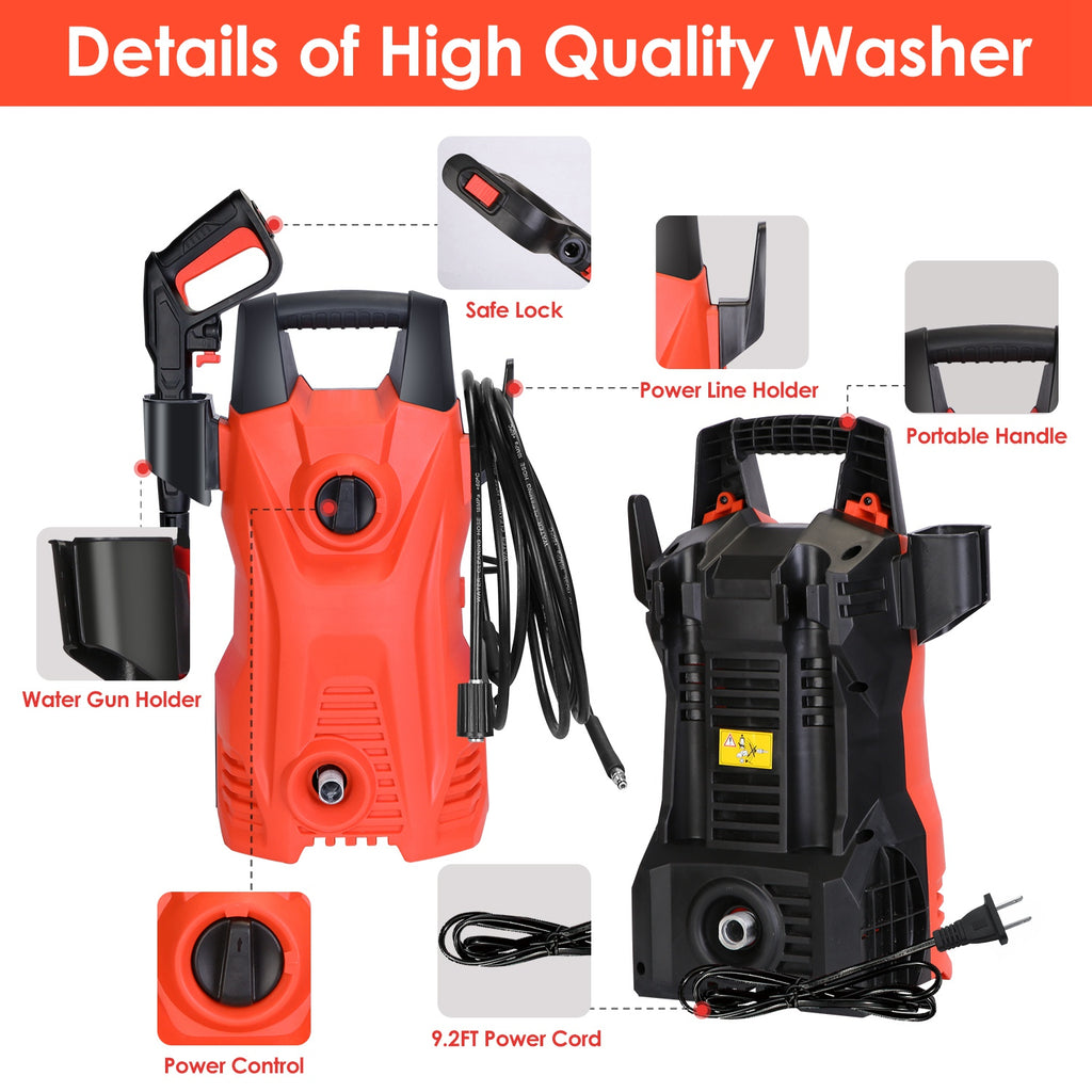 Electric Pressure Washer 1740PSI — IPX5 Waterproof Car & Patio Cleaner with Foam Dispenser