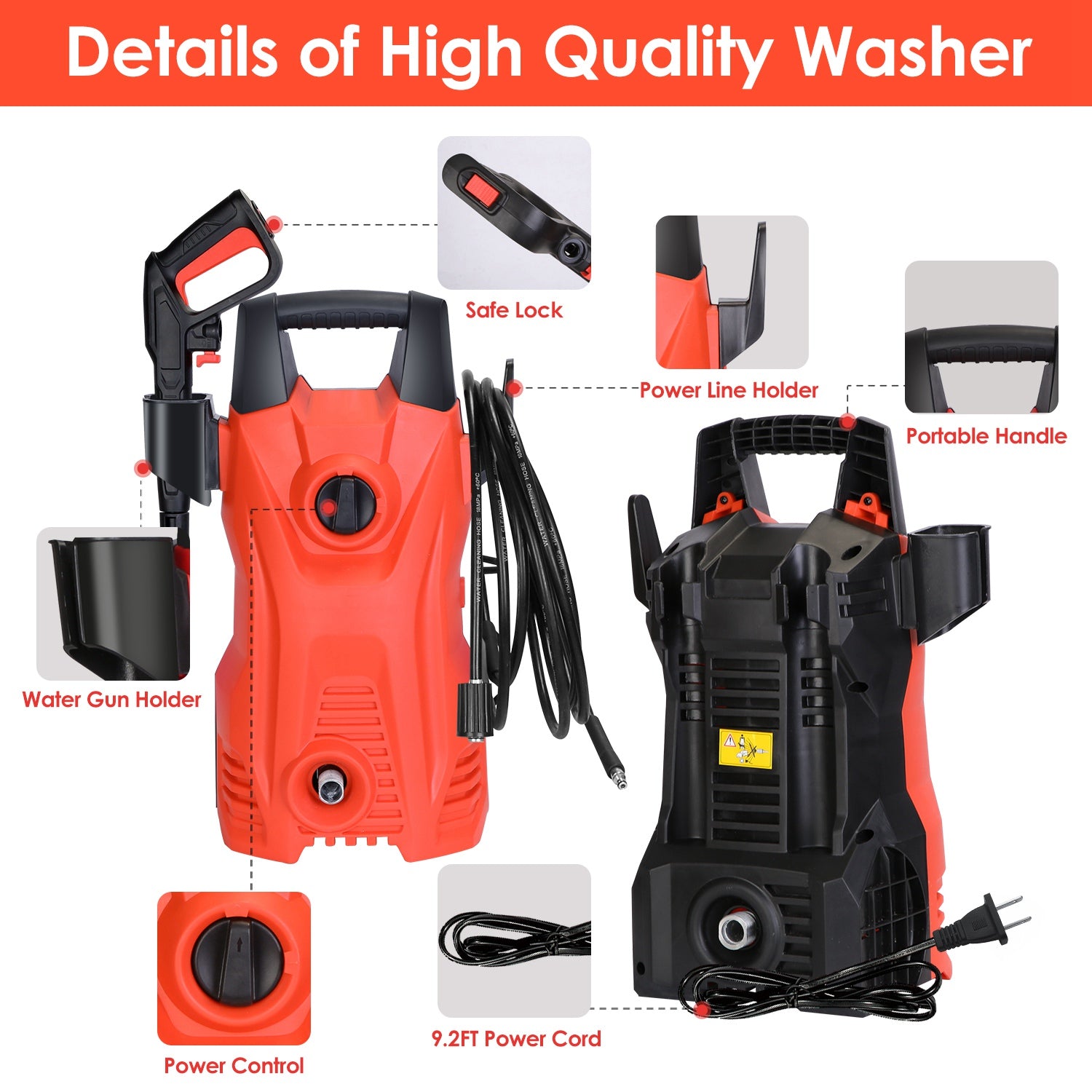 Electric Pressure Washer 1740PSI — IPX5 Waterproof Car & Patio Cleaner with Foam Dispenser