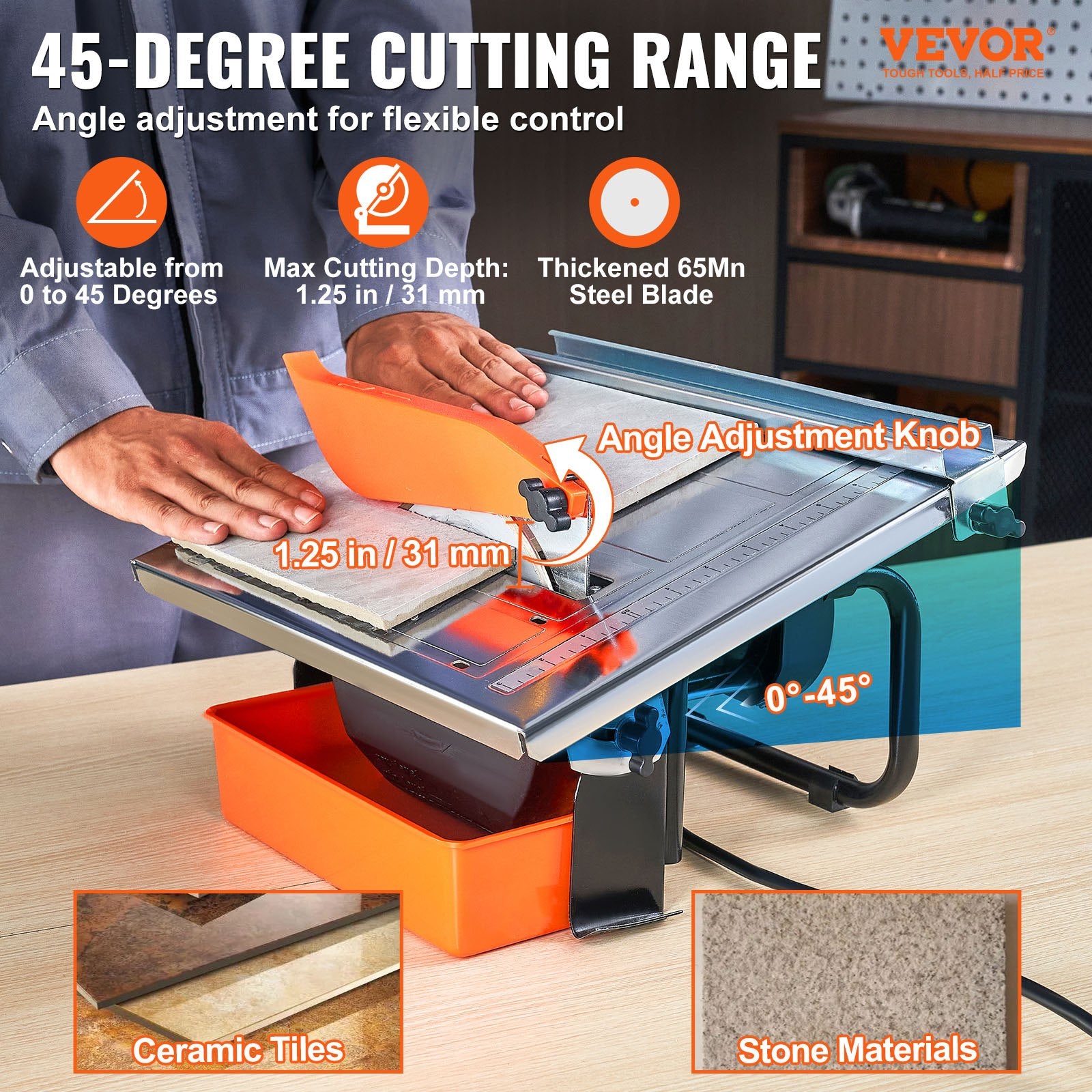 Wet Tile Saw, 7-inch 65Mn Steel Blade, 3500 RPM Induction Motor, Tile Cutter Wet Saw With Water Reservoir, 0-45 Degrees Miter Angle For Cutting Tiles And Stones, For DIY Enthusiasts