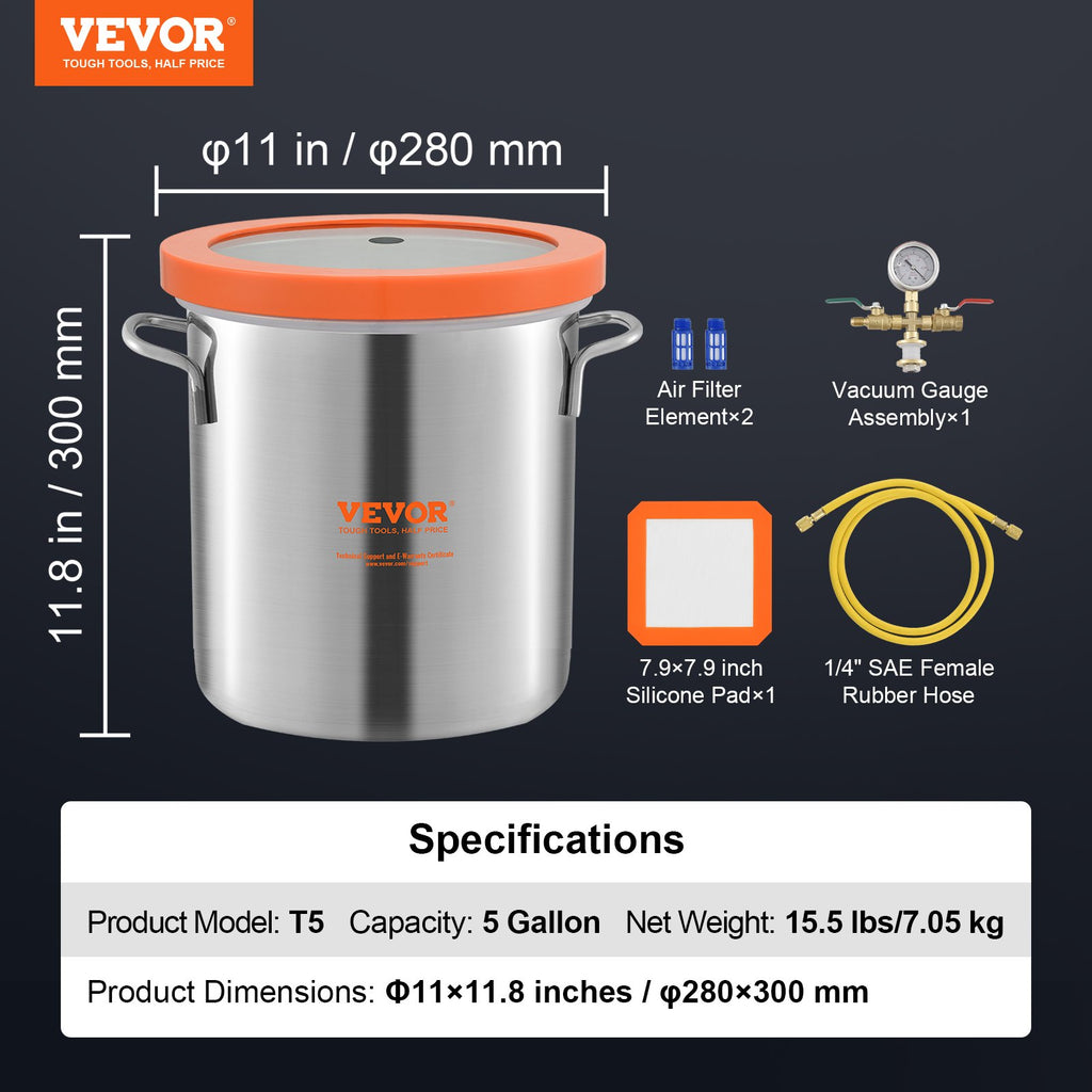 5 Gallon Vacuum Chamber, Upgraded Tempered Glass Lid Vacuum Degassing Chamber, 304 Stainless Steel Chamber, For Stabilizing Wood, Resin Degassing, Silicone Degassing And Plaster Degassing