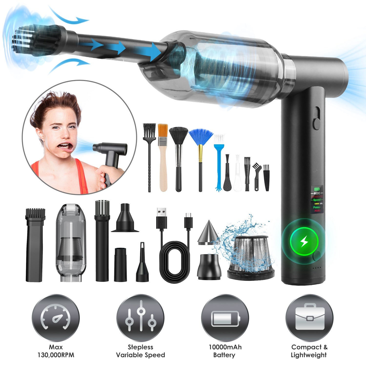 Pro Type  Compressed Air Duster Brushless Motor 130000RPM Stepless Variable Speed 1WmAh Battery Cordless Dust Blower Vacuum Cleaner Portable Jet Dry Blower For PC Keyboard Car Home