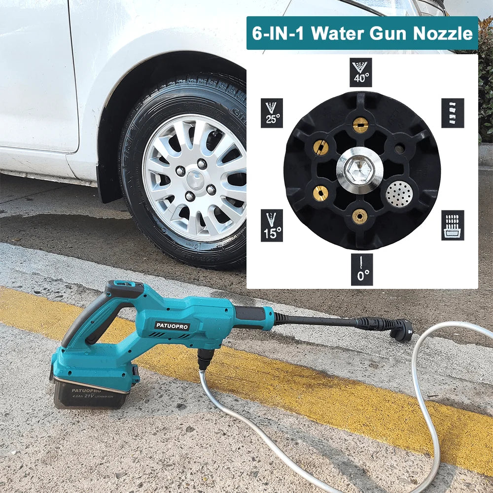 PATUOPRO 21V Cordless High Pressure Washer 6-IN-1 Nozzle 2 Pressure Modes Portable Car Washer For Makita 18V Battery(No Battery)