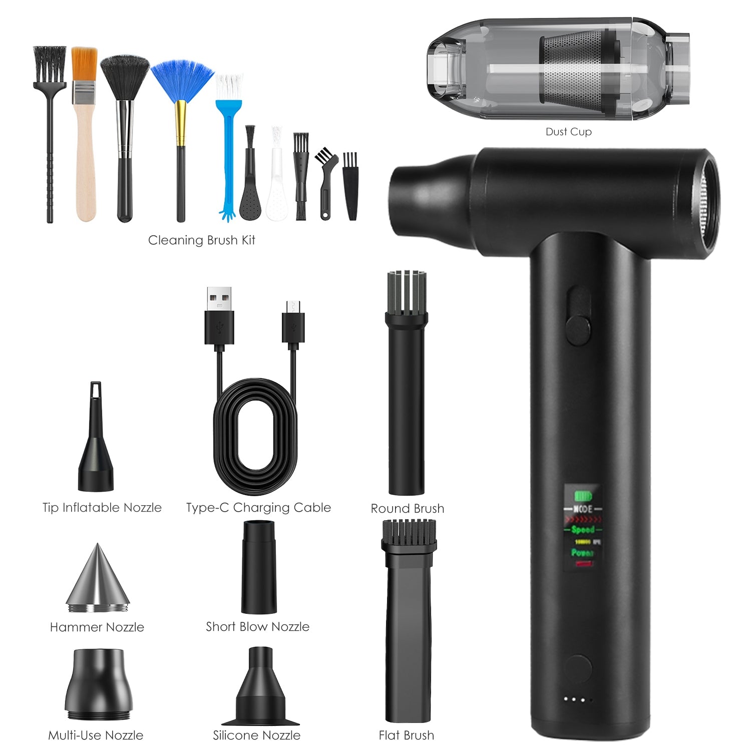 Pro Type  Compressed Air Duster Brushless Motor 130000RPM Stepless Variable Speed 1WmAh Battery Cordless Dust Blower Vacuum Cleaner Portable Jet Dry Blower For PC Keyboard Car Home