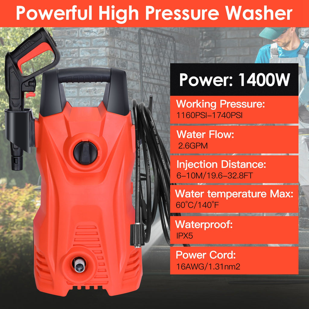 Electric Pressure Washer 1740PSI — IPX5 Waterproof Car & Patio Cleaner with Foam Dispenser