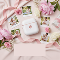 Mini impresora de fotos portátil con fotos impresas y flores