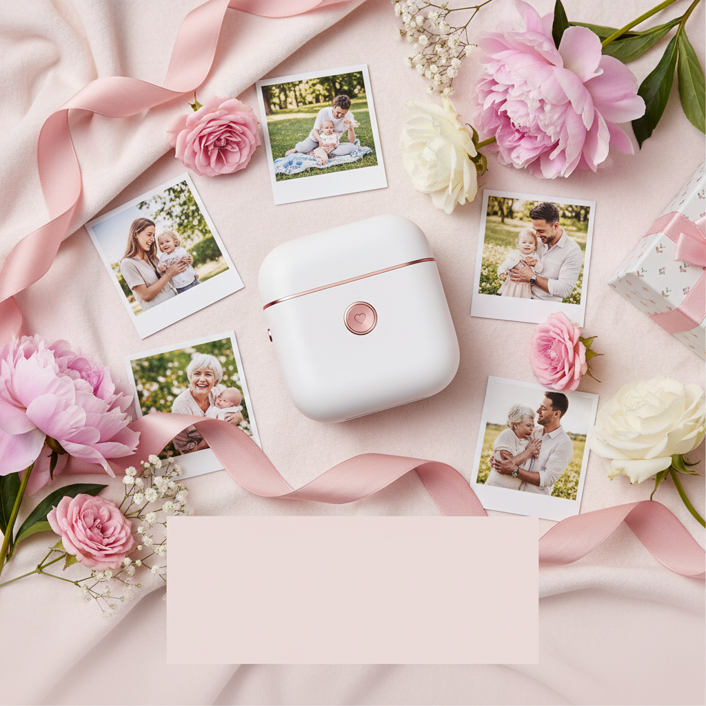 Mini impresora de fotos portátil con fotos impresas y flores